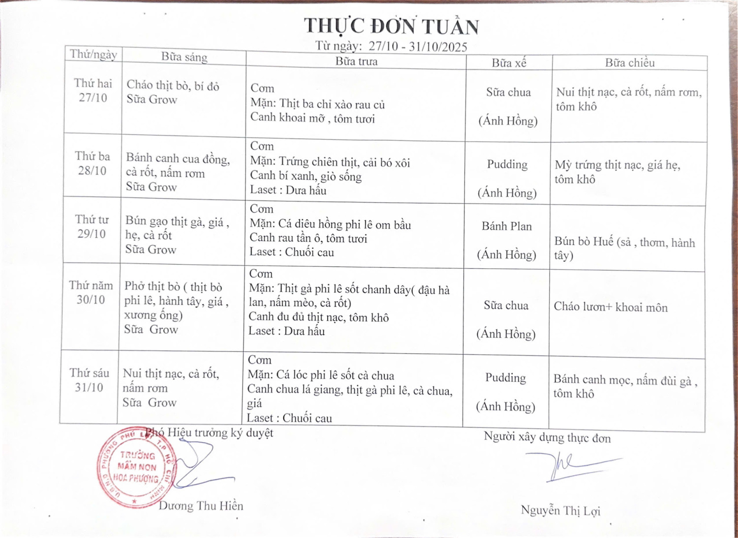 THỰC ĐƠN TỪ NGÀY 27/10-31/10/2025